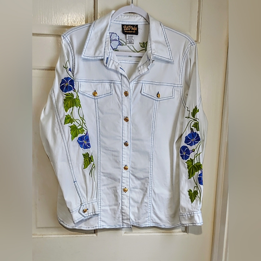 Bob Mackie Shirt with Blue and Green Embroidered Floral Design